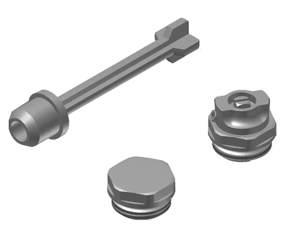 Produktbild eines Kermi Stopfensets für Lagerkonvektor, ZT00780001, bestehend aus drei grauen Einzelteilen in 3D-Darstellung.
